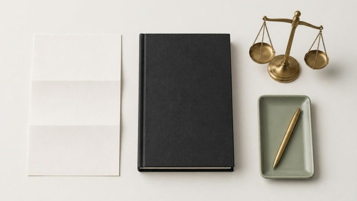 Code de loi, avis vierge et balance en laiton posés sur un bureau clair, article du Journal Calm&Co
