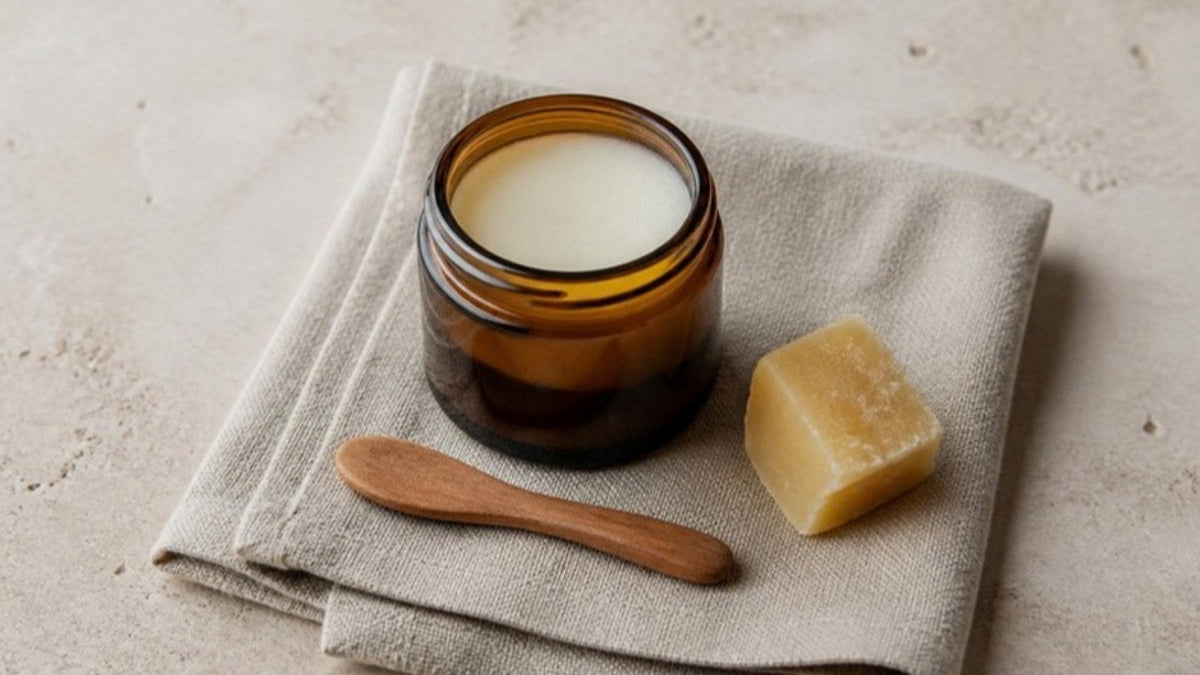 Pot de baume ouvert posé sur un linge de lin clair avec une petite spatule en bois, article du Journal Calm&Co Image