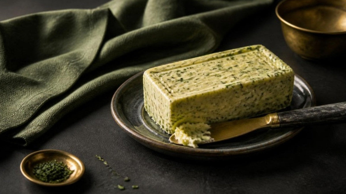Bloc de beurre infusé sur une petite assiette en céramique, recette du Journal Calm&Co