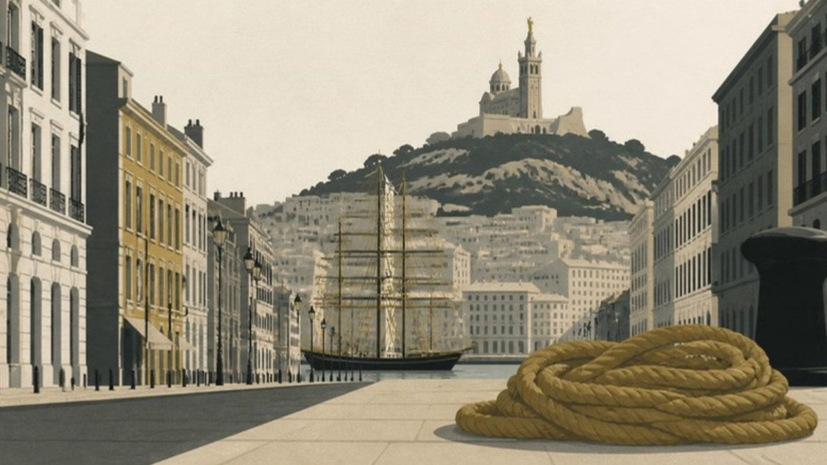 La Canebière à Marseille descendant vers le Vieux-Port, cordage de chanvre au premier plan, article du Journal Calm&Co