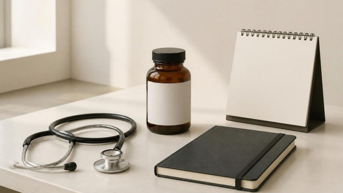 Flacon ambré, stéthoscope, carnet et calendrier sur un comptoir clair, article du Journal Calm&Co