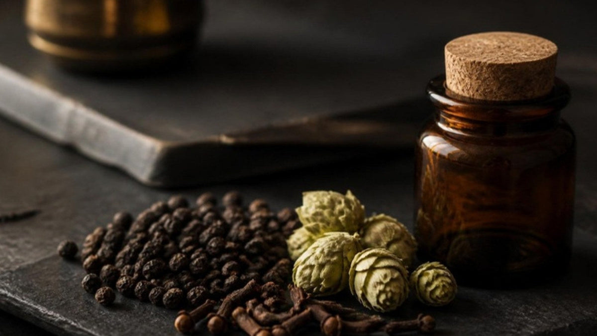 Grains de poivre noir, clous de girofle et cônes de houblon, sources naturelles de caryophyllène