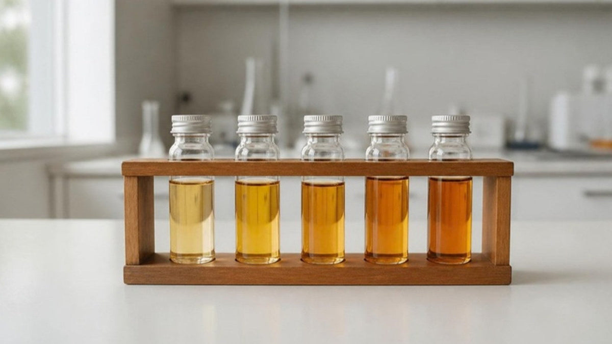Cinq petites fioles d'échantillons aux nuances dorées alignées dans un portoir en bois sur une paillasse blanche, article du Journal Calm&Co