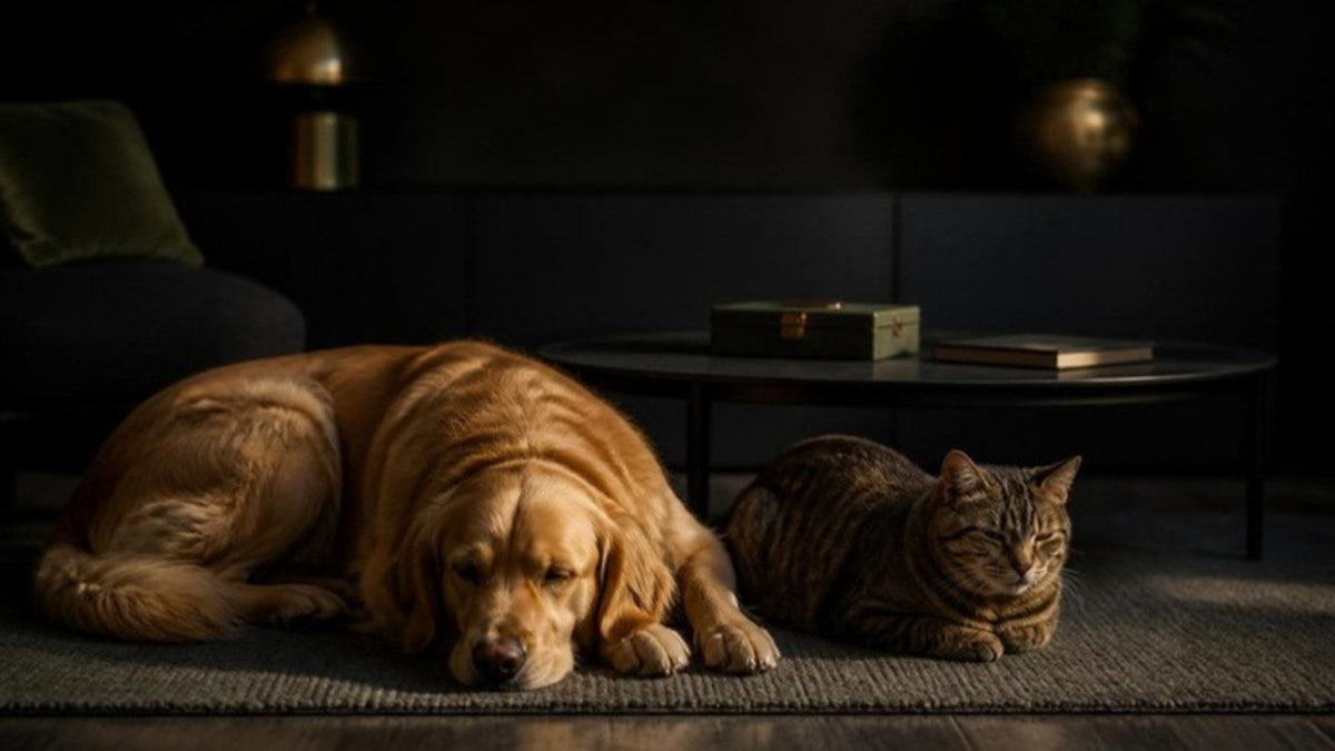 Chien et chat côte à côte sur un tapis, un pilulier fermé à l'arrière-plan, article du Journal Calm&Co