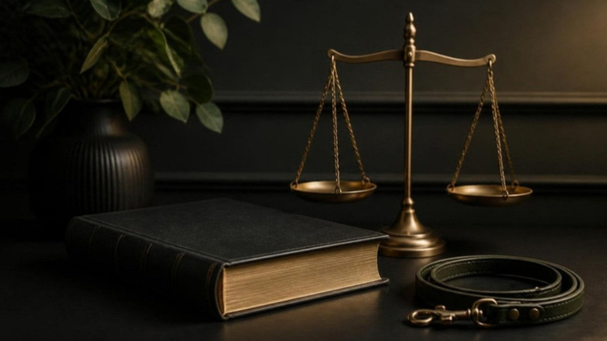 Livre de droit, balance en laiton et laisse de chien posés sur un bureau, article du Journal Calm&Co Image