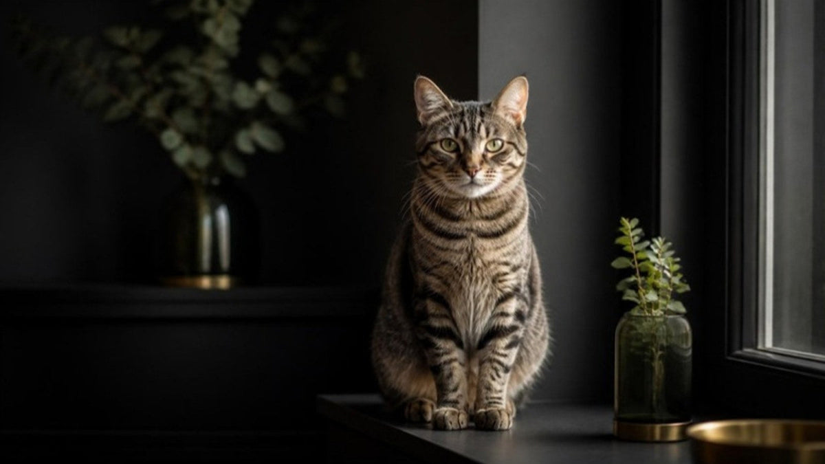 Chat tigré assis sur un rebord de fenêtre, article du Journal Calm&Co