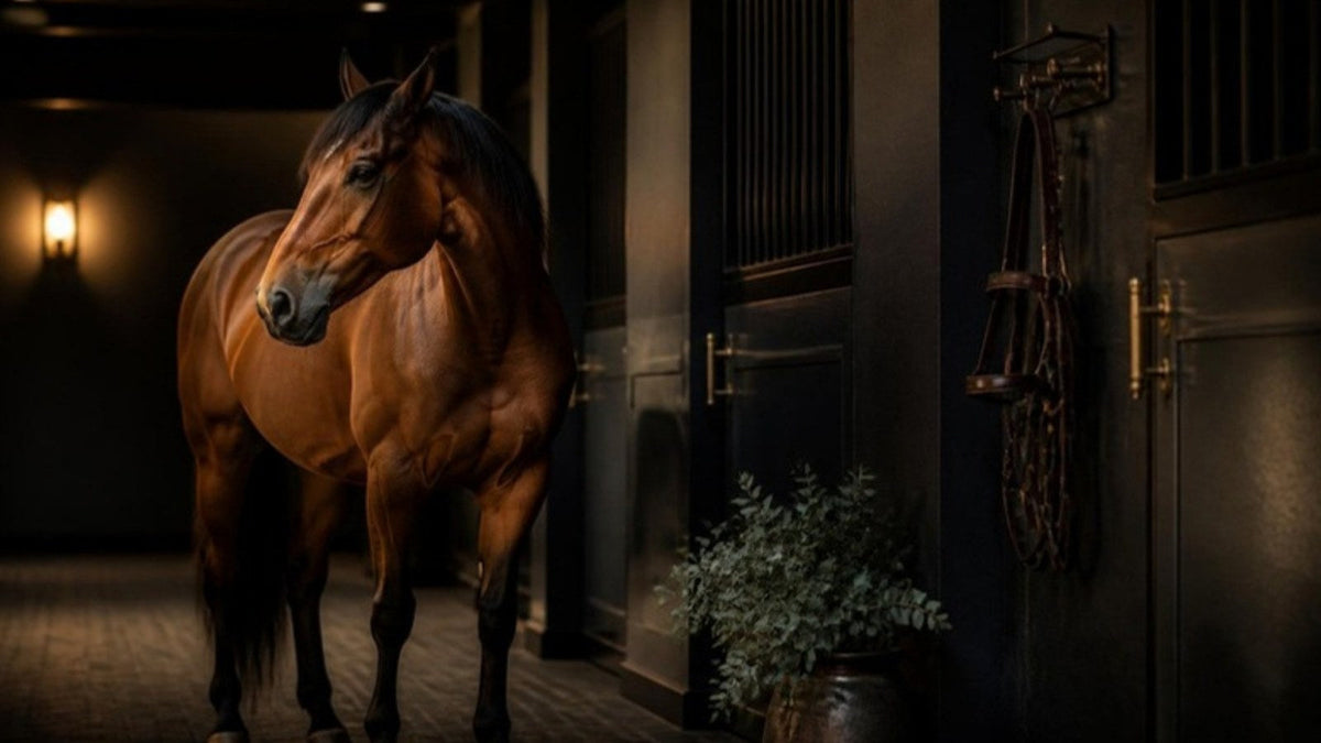 Cheval bai dans l'allée d'une écurie, un filet accroché au mur, article du Journal Calm&Co