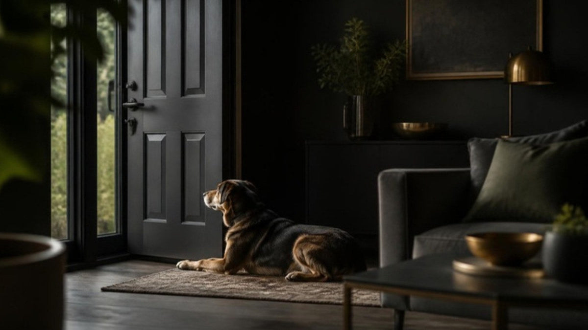 Chien couché près d'une porte d'entrée, le regard tourné vers la porte, article du Journal Calm&Co