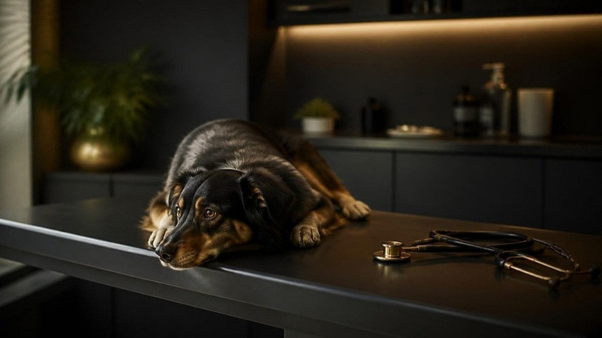 Chien allongé sur une table d'examen vétérinaire, un stéthoscope posé à côté, article du Journal Calm&Co