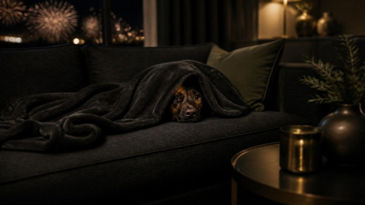 Chien blotti sous un plaid un soir de feux d'artifice, article du Journal Calm&Co