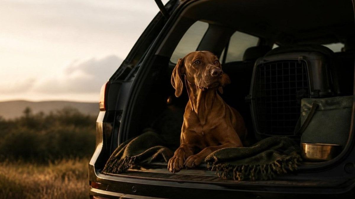 Chien dans un coffre de voiture à côté d'une caisse de transport, article du Journal Calm&Co