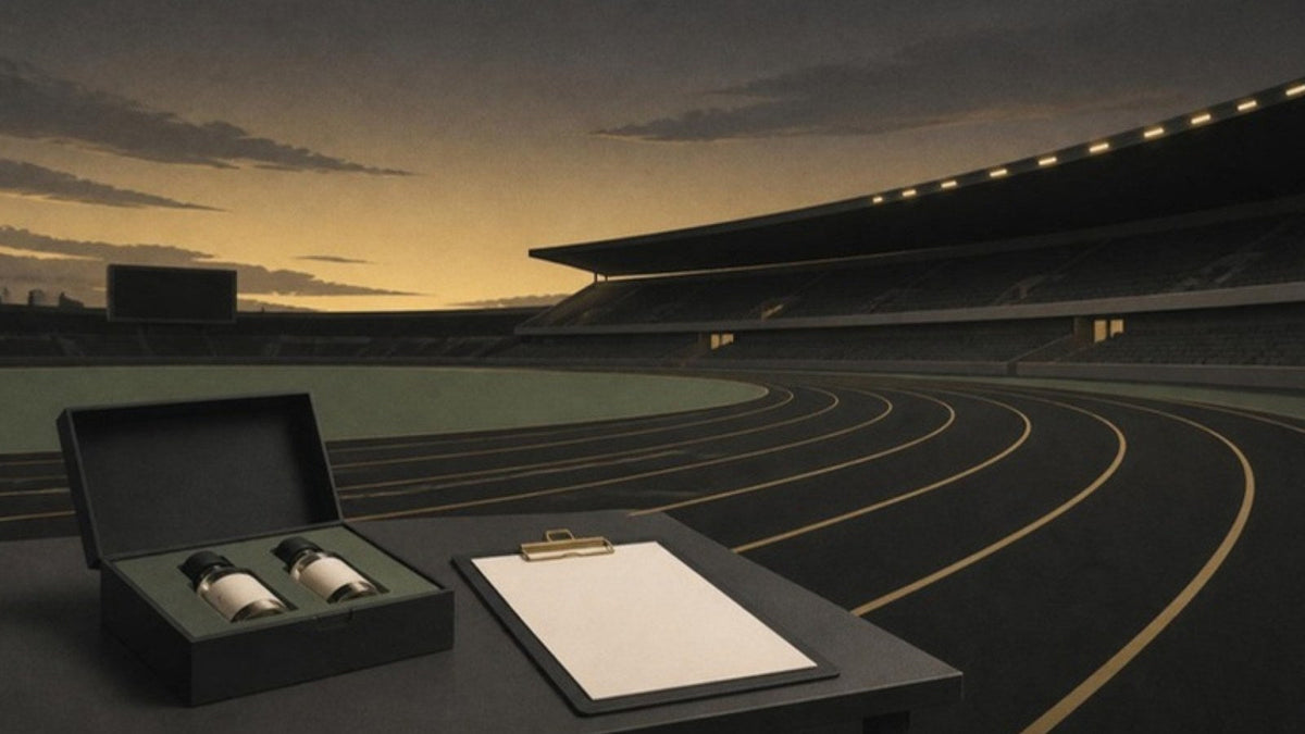 Kit de contrôle antidopage et porte-bloc au bord d'une piste de stade au crépuscule, article du Journal Calm&Co