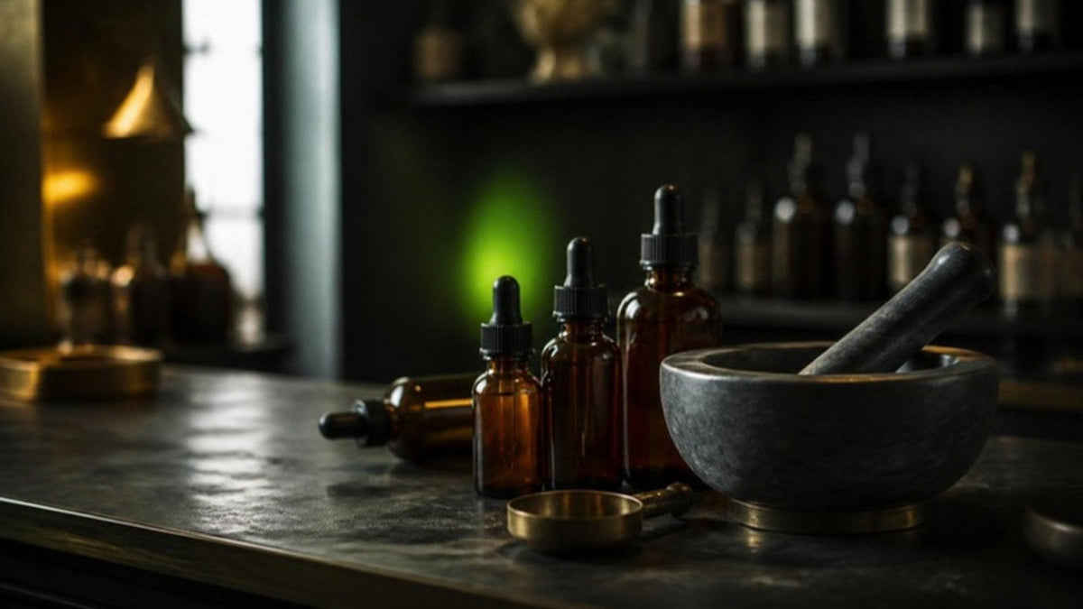 Comptoir de pharmacie avec flacons compte-gouttes en verre ambré et mortier en pierre, article du Journal Calm&Co