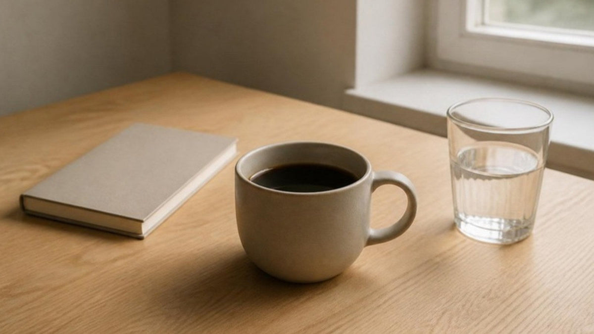 Tasse de café noir posée sur une table en bois clair près d'une fenêtre, lumière du matin, article du Journal Calm&Co