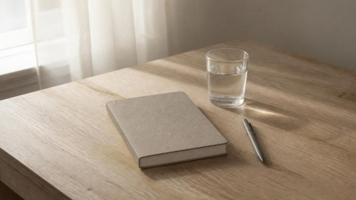 Carnet fermé, stylo et verre d'eau sur une table en bois clair près d'une fenêtre, lumière du matin, article du Journal Calm&Co