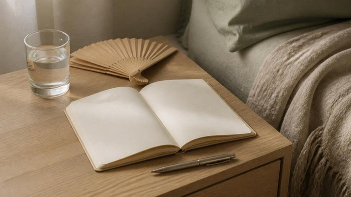 Carnet ouvert, verre d'eau et plaid en lin sur une table de chevet en lumière douce, article du Journal Calm&Co