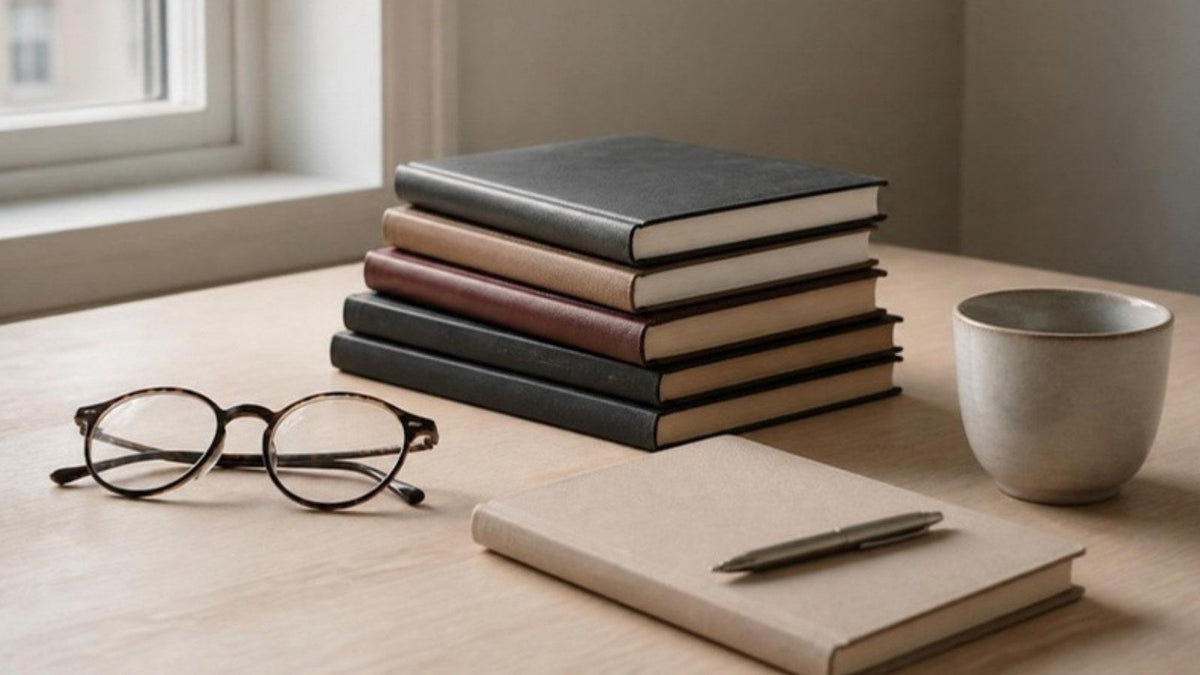 Pile de revues, paire de lunettes et tasse en céramique sur un bureau en bois clair, article du Journal Calm&Co
