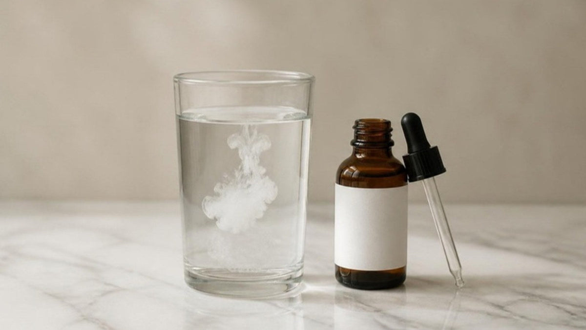Verre d'eau traversé d'un nuage laiteux, flacon compte-gouttes ambré et pipette en verre sur un marbre blanc, article du Journal Calm&Co