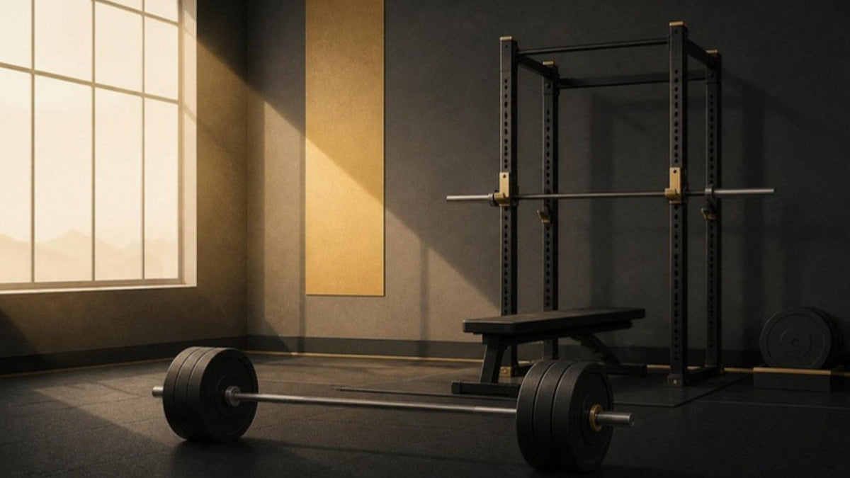 Barre de musculation et rack dans une salle baignée de lumière dorée, article du Journal Calm&Co