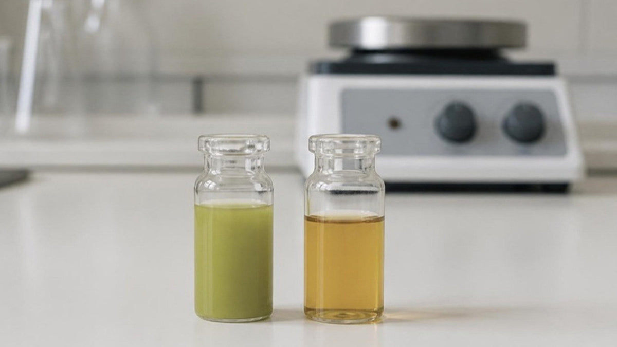 Deux fioles de laboratoire, l'une d'extrait vert pâle, l'autre d'extrait doré, devant une plaque chauffante floue, article du Journal Calm&Co