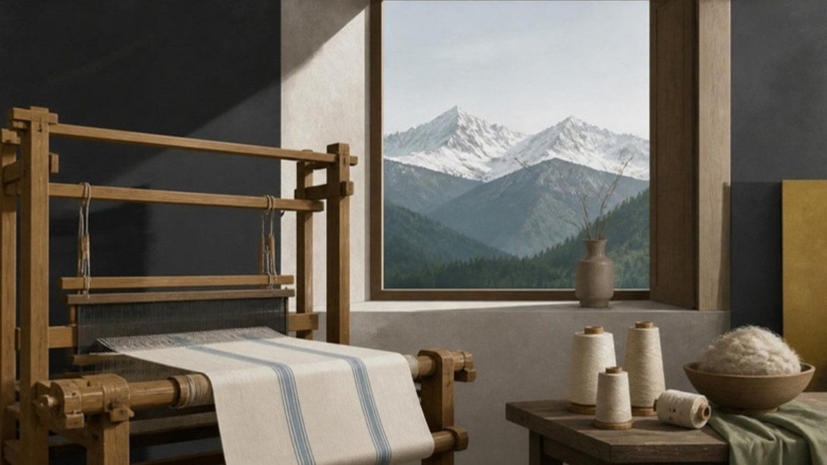 Métier à tisser et toile écrue devant une fenêtre ouverte sur les Pyrénées, article du Journal Calm&Co