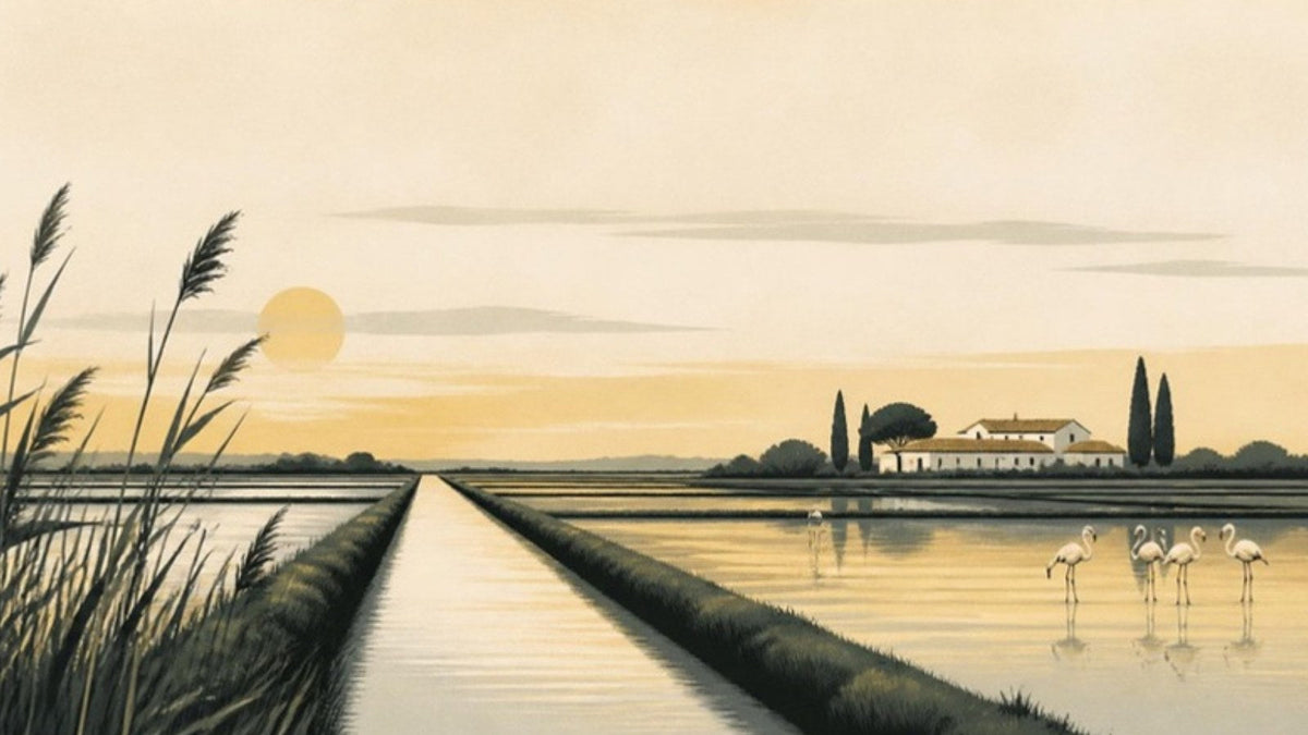 Rizières et canal d'irrigation en Camargue, mas et flamants au loin, article du Journal Calm&Co Image
