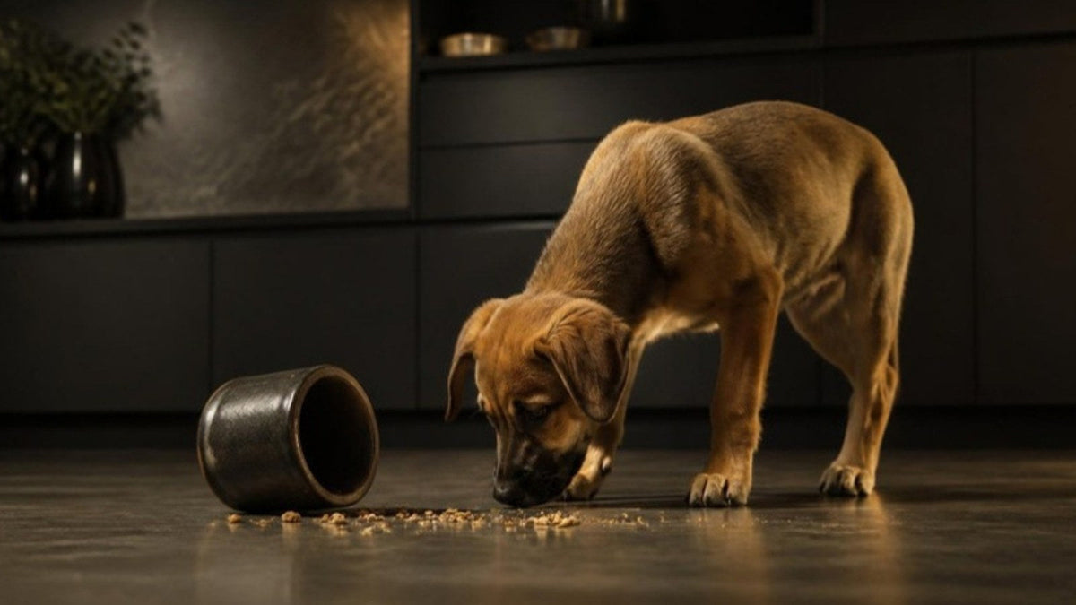 Jeune chien reniflant un pot renversé sur le sol d'une cuisine, article du Journal Calm&Co Image