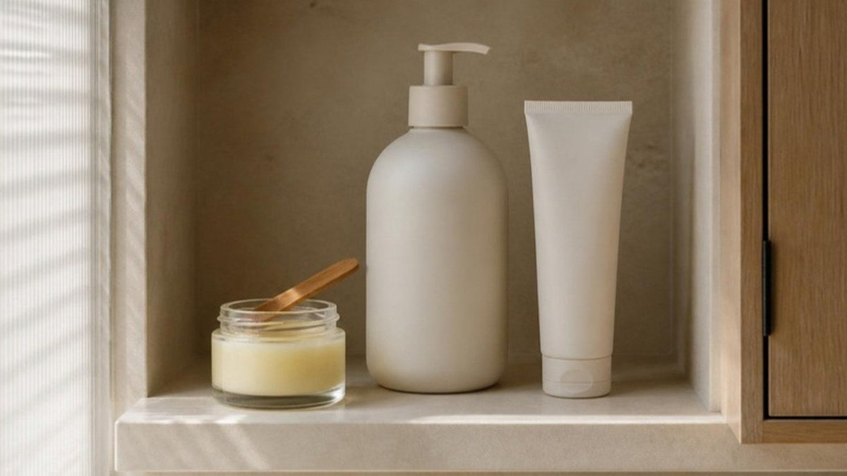 Pot de baume ouvert, flacon pompe et petite spatule en bois posés sur une étagère en pierre claire, article du Journal Calm&Co
