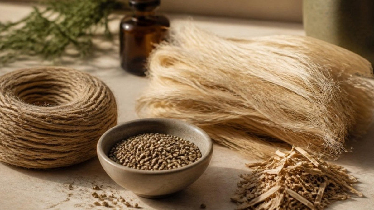 Corde, fibres et graines de chanvre posées sur une table en pierre, à côté d'un flacon de laboratoire