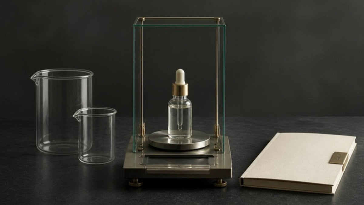 Flacon compte-gouttes sur une balance de laboratoire, béchers et dossier sur un plan anthracite, article du Journal Calm&Co