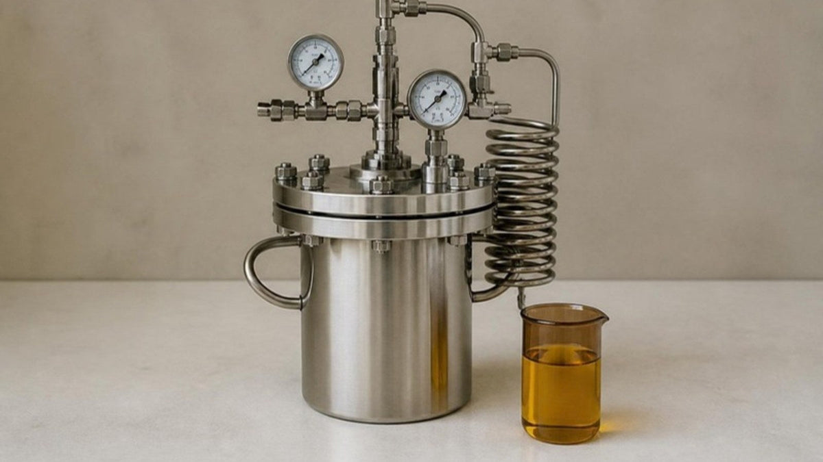 Cuve d'extraction en inox avec manomètres et bécher d'huile dorée sur une paillasse claire, article du Journal Calm&Co