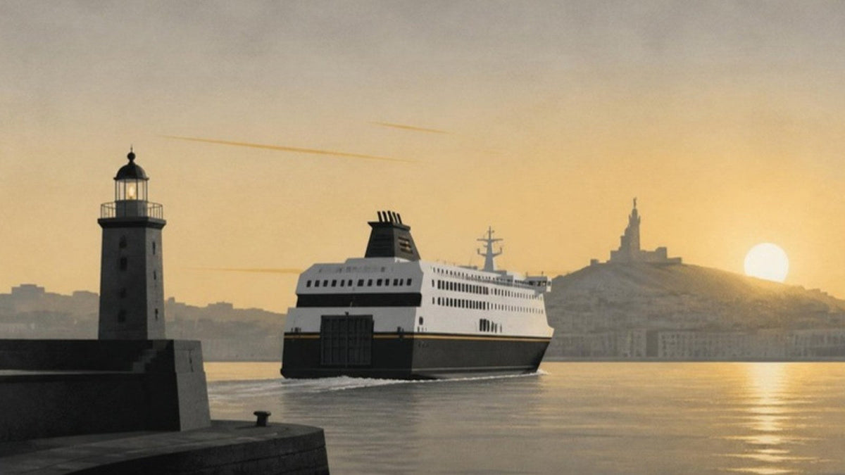 Ferry quittant le port de Marseille au lever du jour, article du Journal Calm&Co