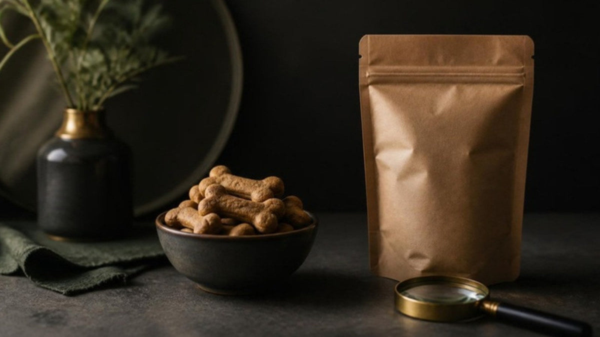 Biscuits pour chien en forme d'os, sachet kraft et loupe, article du Journal Calm&Co