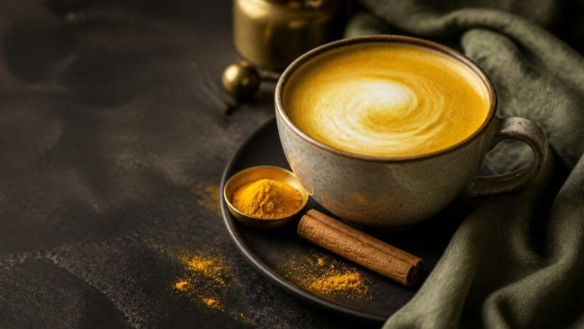 Tasse de golden latte au curcuma et sa mousse de lait, recette du Journal Calm&Co