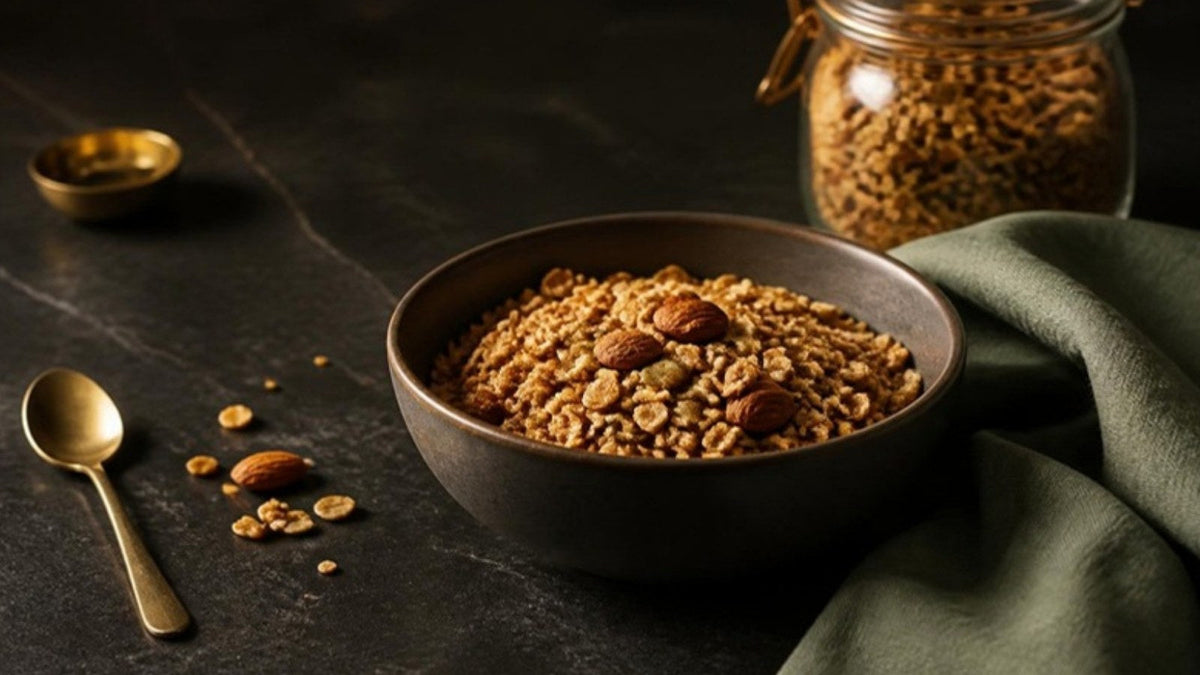 Bol de granola doré aux flocons d'avoine et aux amandes, recette du Journal Calm&Co
