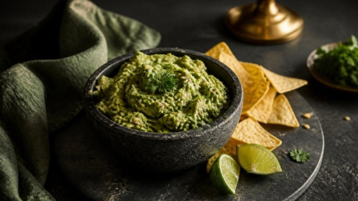 Bol de guacamole avec citron vert et chips de maïs, recette du Journal Calm&Co