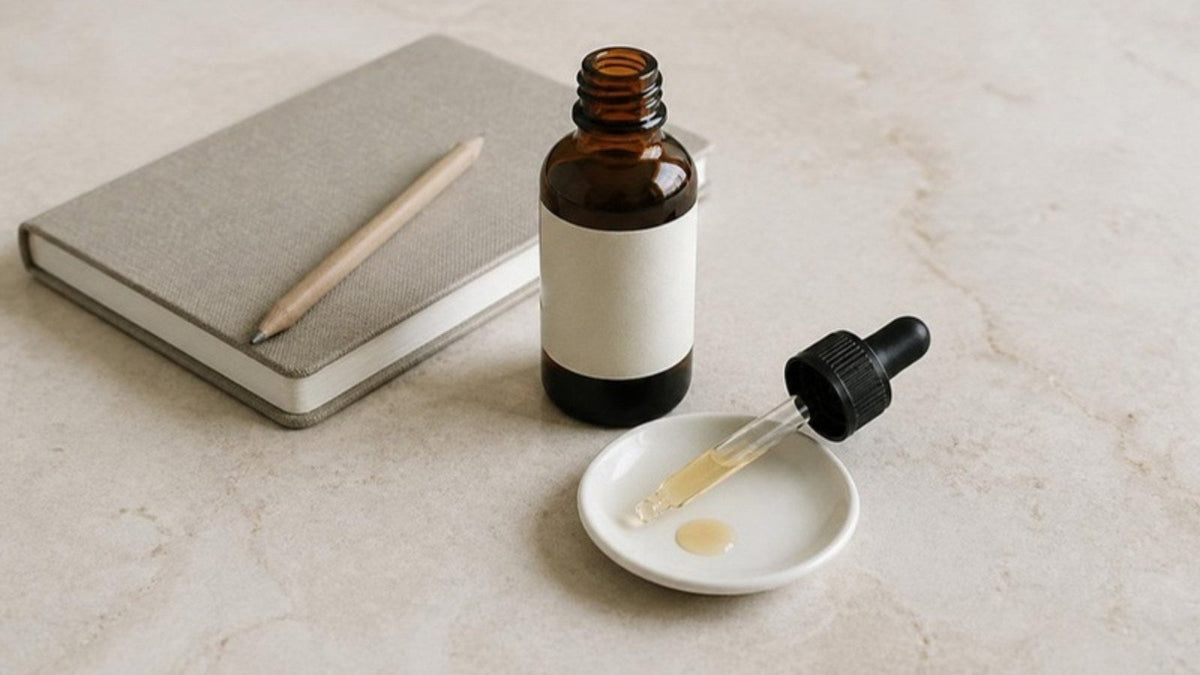 Flacon compte-gouttes ambré, pipette graduée posée sur une soucoupe avec une goutte dorée, carnet et crayon, article du Journal Calm&Co