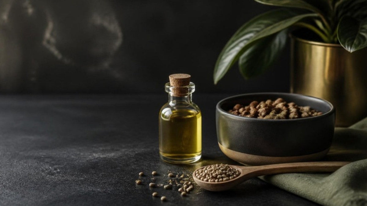 Petite bouteille d'huile dorée à côté d'une gamelle en céramique et de graines, article du Journal Calm&Co