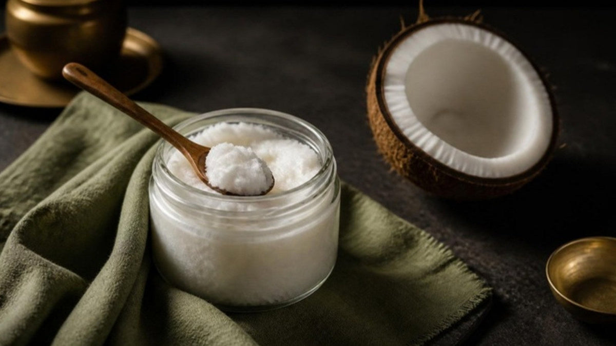 Pot d'huile de coco infusée avec une cuillère en bois, recette du Journal Calm&Co