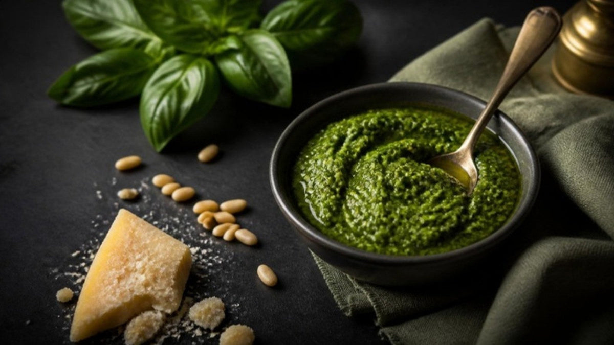 Bol de pesto au basilic avec pignons et parmesan, recette du Journal Calm&Co