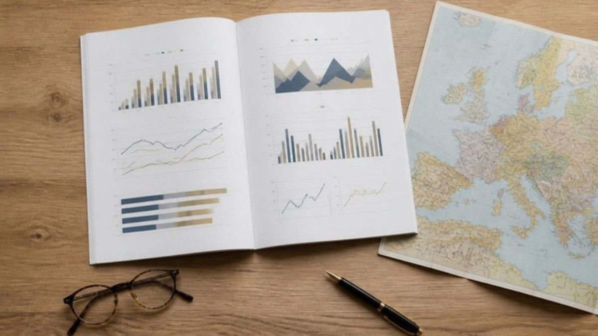 Rapport ouvert sur des graphiques, carte de l'Europe, lunettes et stylo posés sur un bureau en bois, article du Journal Calm&Co Image