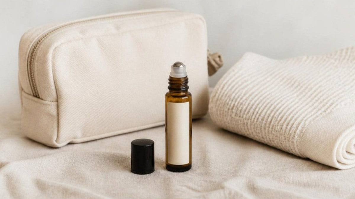 Flacon roll-on en verre à bille posé sur un linge de lin clair à côté d'une petite trousse de voyage, article du Journal Calm&Co