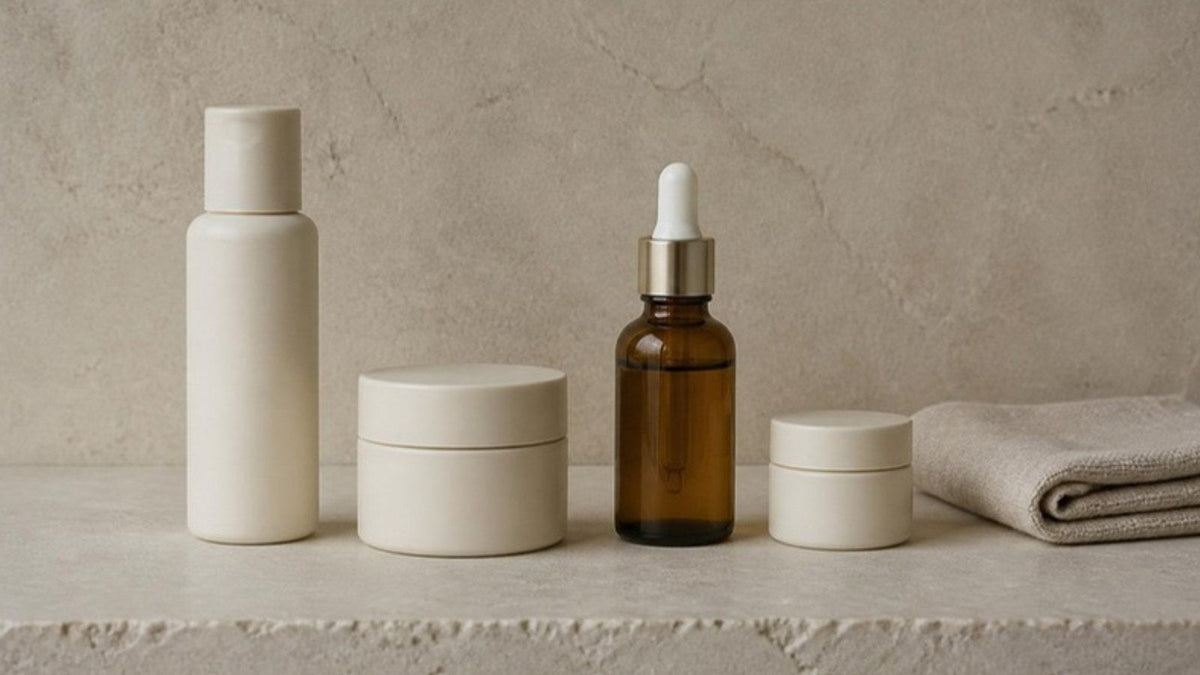 Flacons et pots de soins sans étiquette alignés du plus fluide au plus riche sur une tablette en pierre claire, article du Journal Calm&Co
