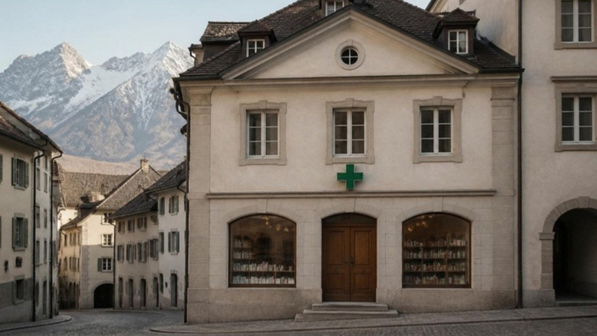 Façade d'une pharmacie à croix verte dans une vieille ville suisse, montagnes enneigées à l'arrière-plan, article du Journal Calm&Co
