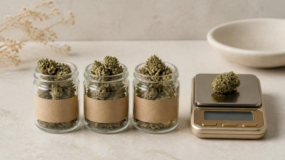 Trois bocaux en verre de fleurs de chanvre séchées aux étiquettes vierges, posés à côté d'une balance de précision