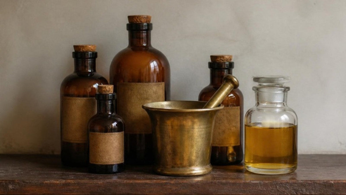 Flacons d'apothicaire en verre brun, mortier en laiton et bocal d'huile dorée sur une étagère en bois sombre, article du Journal Calm&Co