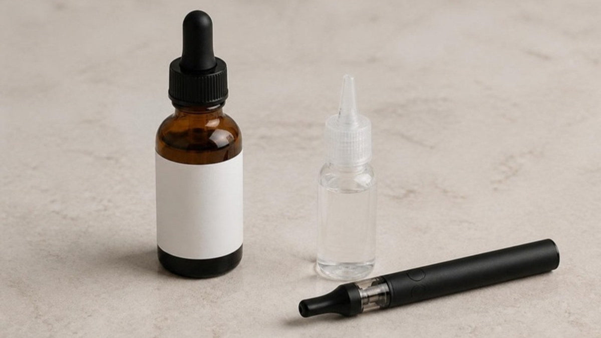 Flacon compte-gouttes ambré à gauche, flacon souple à embout fin et cigarette électronique noire à droite, sur une pierre claire, article du Journal Calm&Co Image