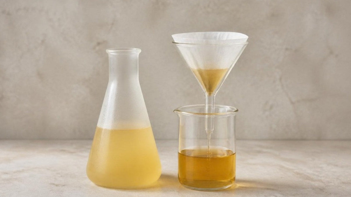 Erlenmeyer de liquide trouble, entonnoir à filtre et bécher d'extrait ambré filtré sur une paillasse en pierre, article du Journal Calm&Co