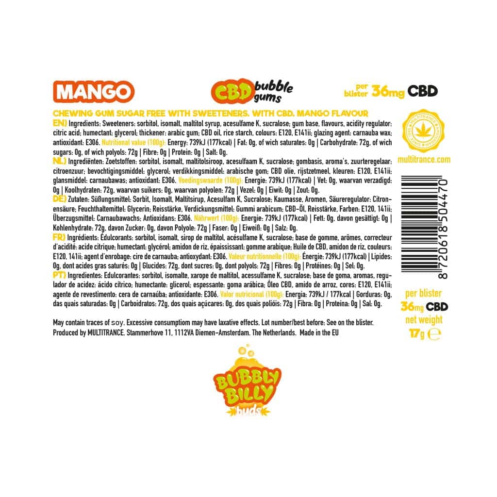 CBD Chewing-Gum Mangue Intense – 36mg Bubbly Billy - Calm&Co