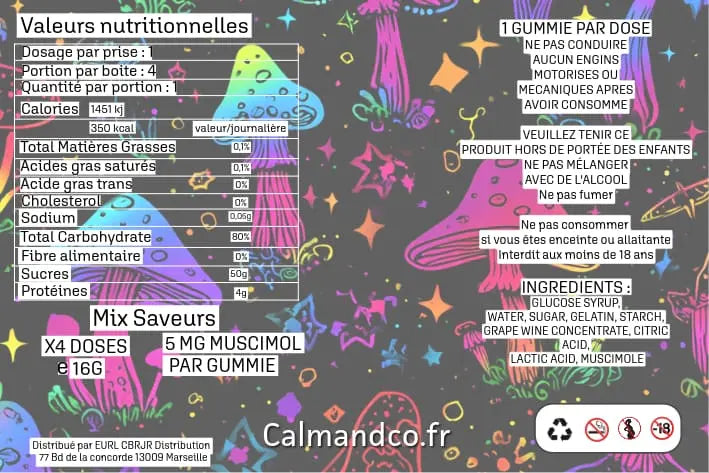 Gummies Calm and Co au muscimol – Mix pêche, multifruit et cassis – 4 pièces de 5 mg